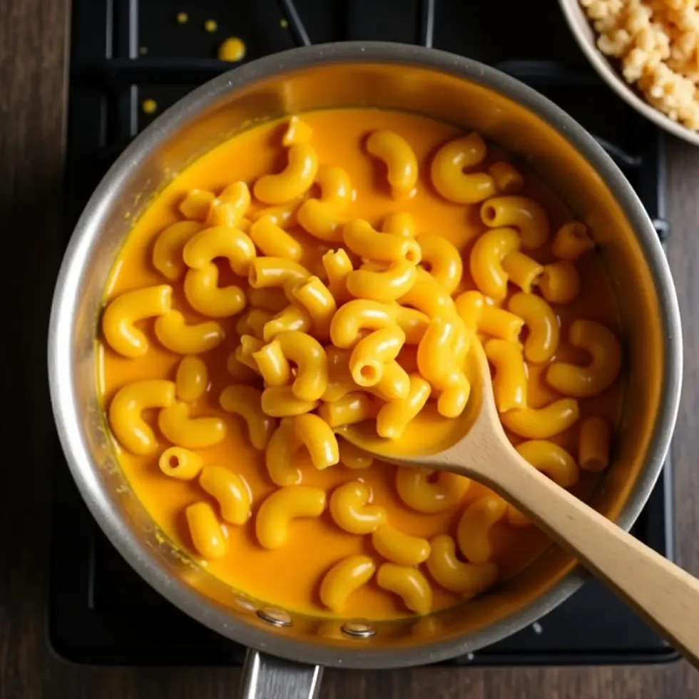 Elbow macaroni being stirred into melted cheddar sauce in a saucepan during preparation
