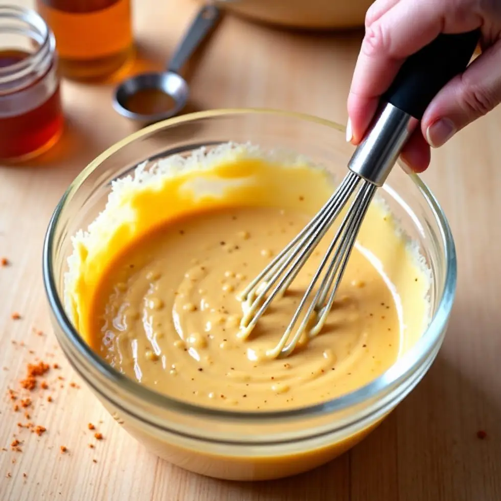 Whisking together mayonnaise, mustard, honey and spices in a glass bowl to make the sauce