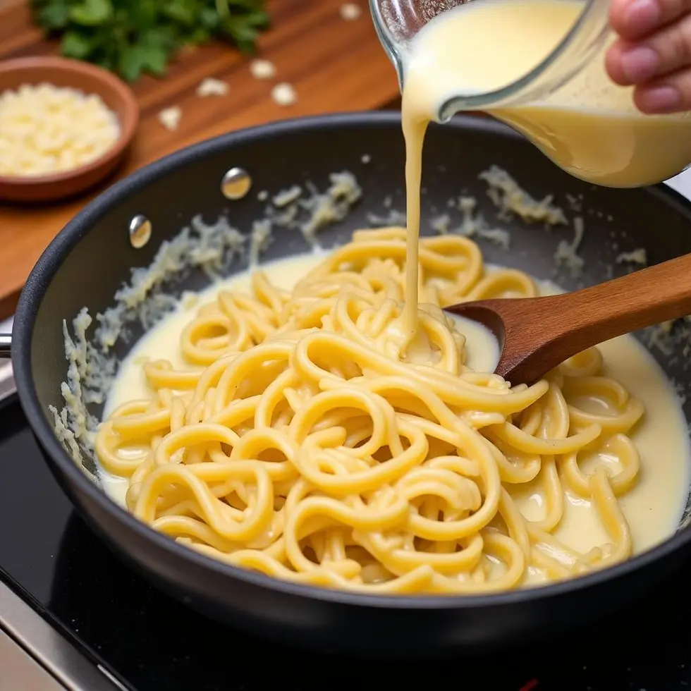Pouring cream sauce over fettuccine in a skillet with parmesan cheese nearby