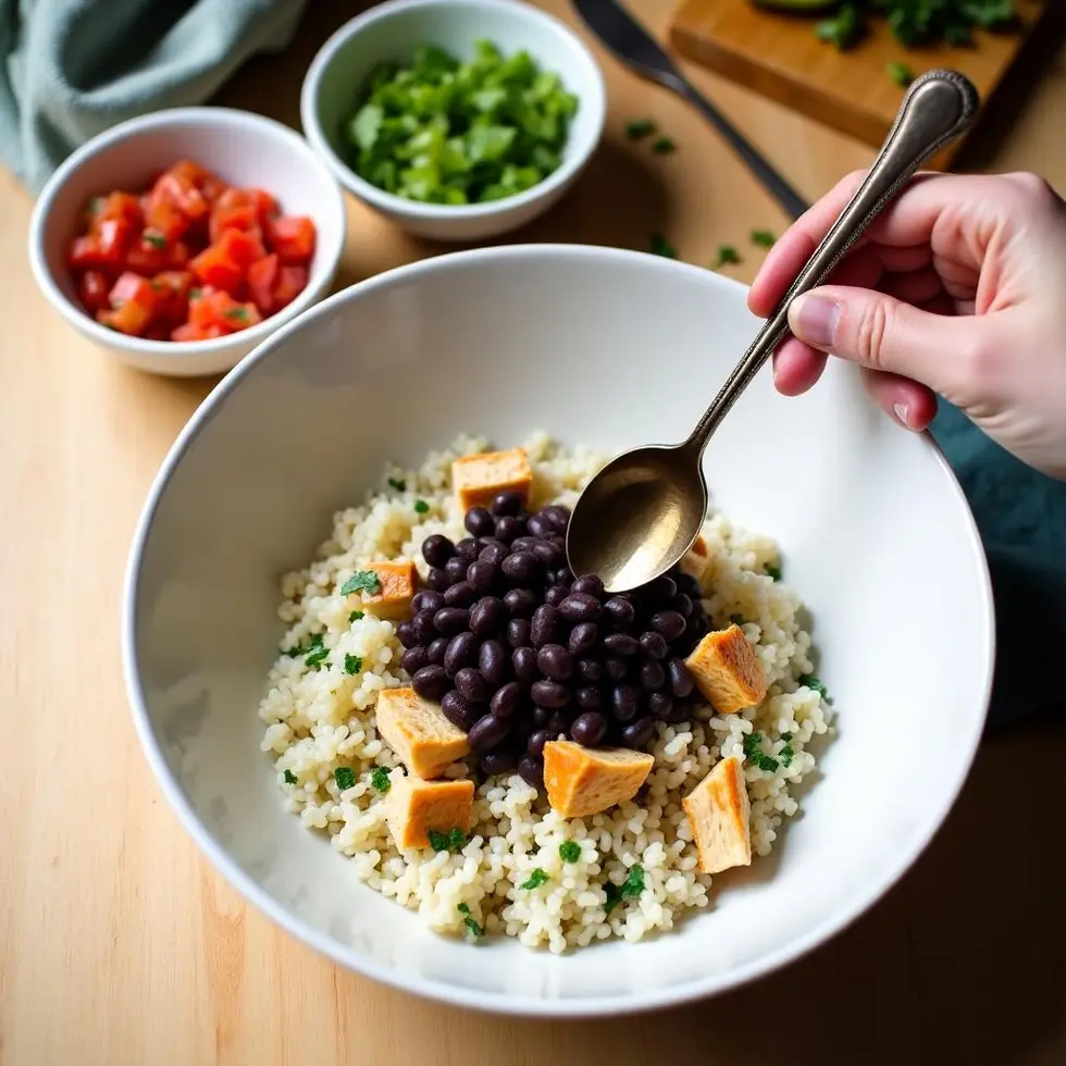 Adding black beans to cilantro lime rice base while assembling a burrito bowl at home