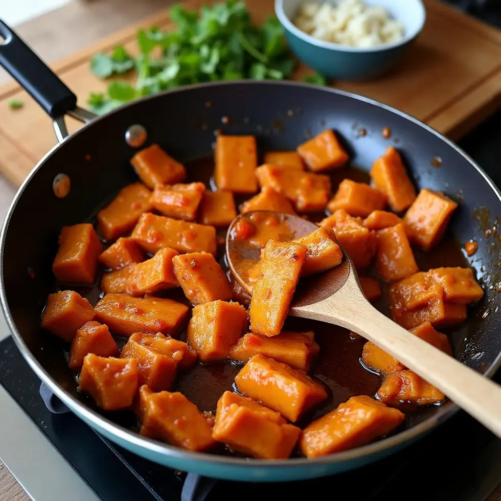 Thin chicken slices cooking in a skillet with dark adobo sauce coating the meat