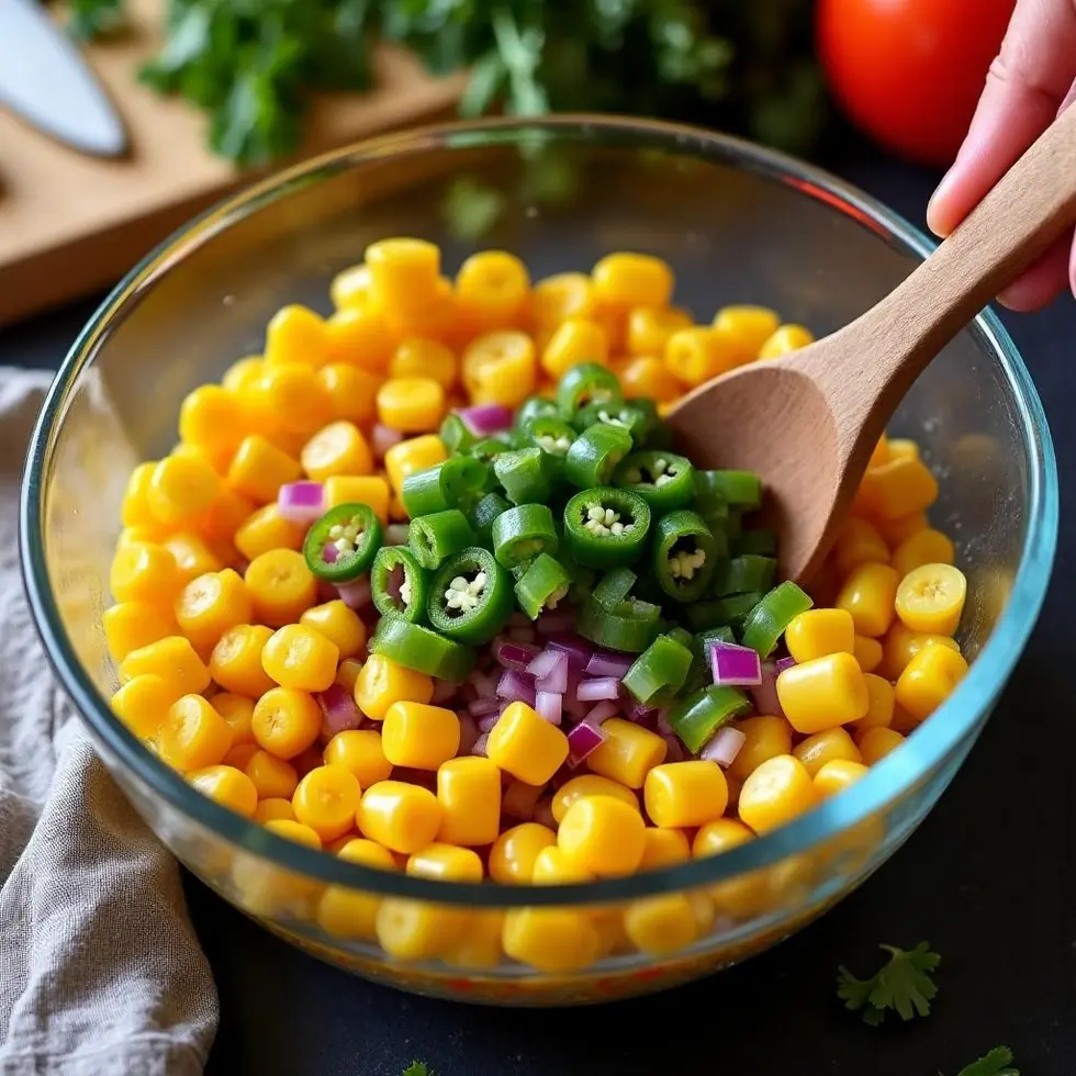Corn kernels, diced red onion, jalapeño, and cilantro being mixed together in a glass bowl
