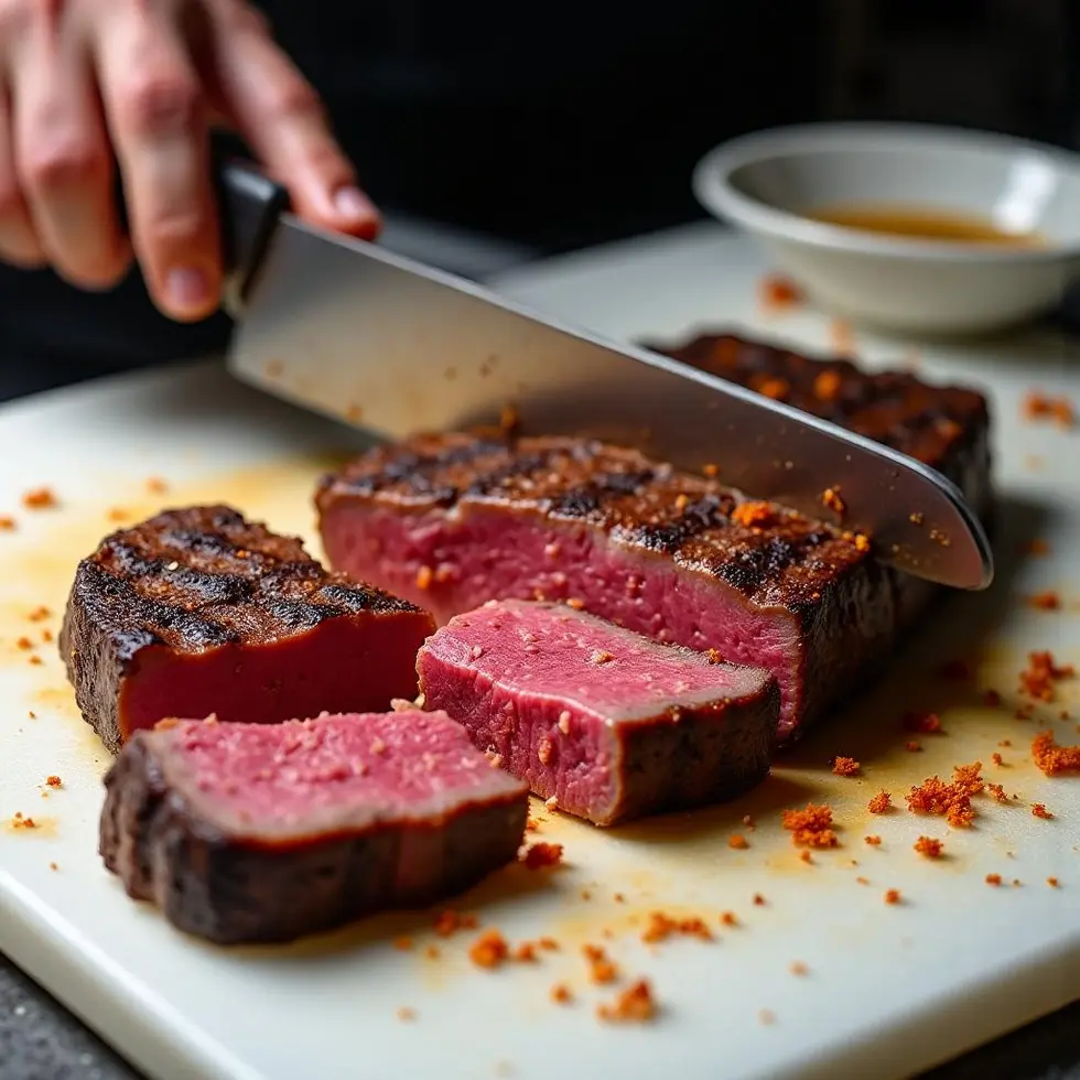 Grilled flank steak being sliced thinly on a cutting board showing pink juicy interior