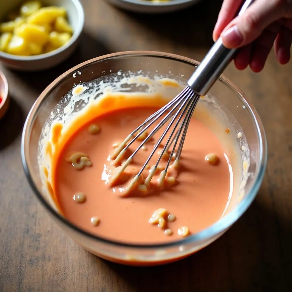 Whisking mayonnaise, ketchup, and pickle relish together in a glass bowl on a kitchen counter