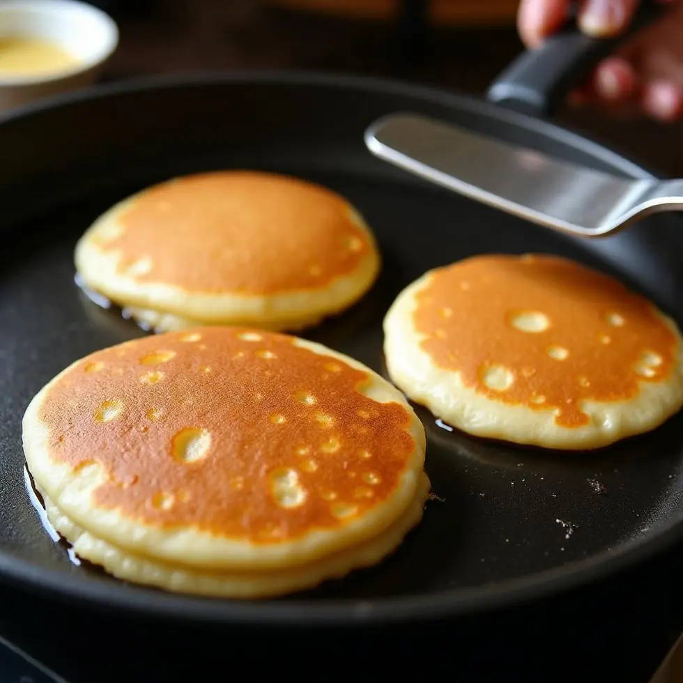 Pancake batter cooking on a griddle with bubbles forming on the surface