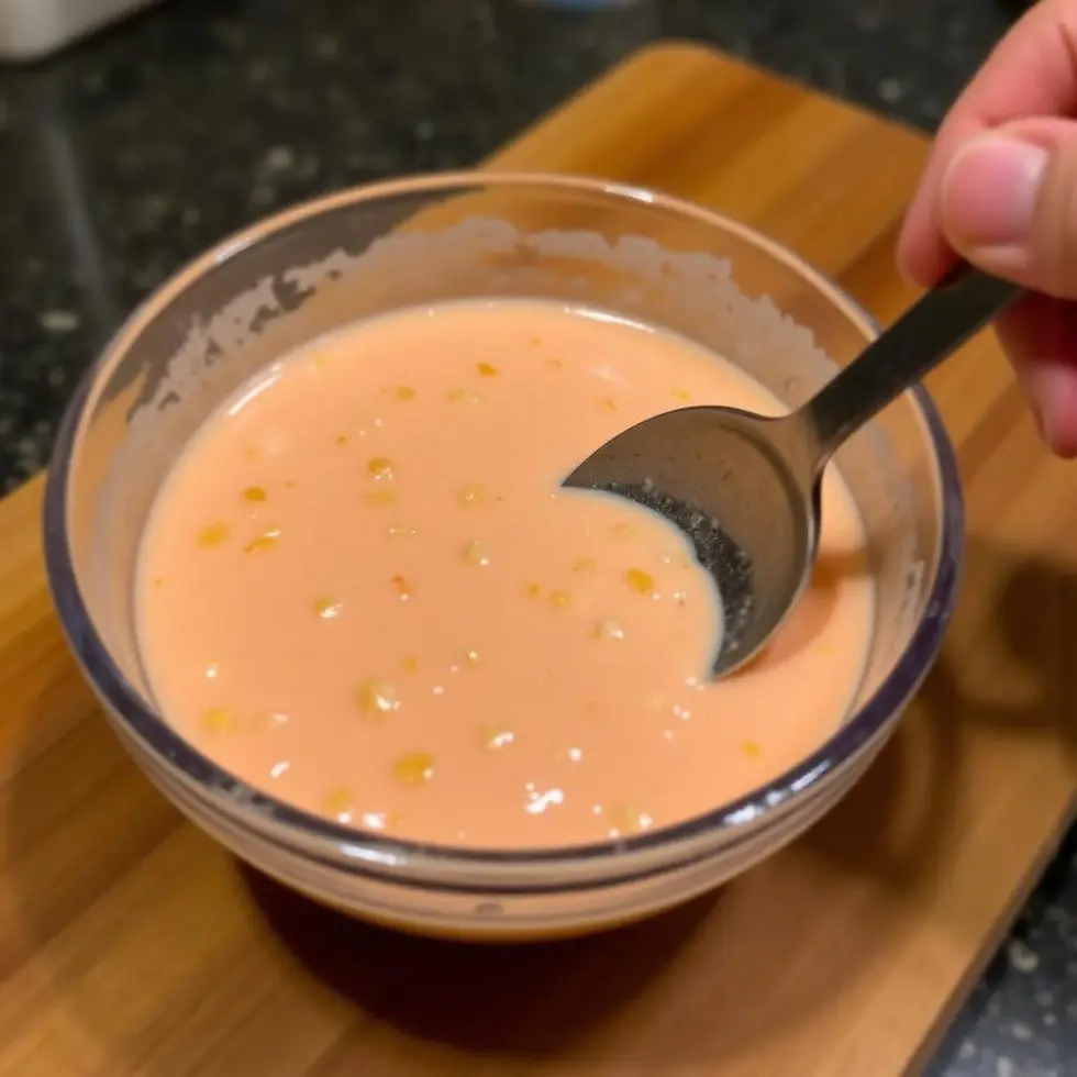 Mixing pale pink burger sauce with relish in a glass bowl on a wooden cutting board