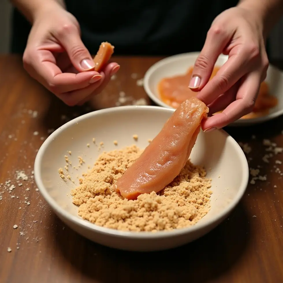 Coating chicken strips in seasoned flour mixture on a kitchen counter