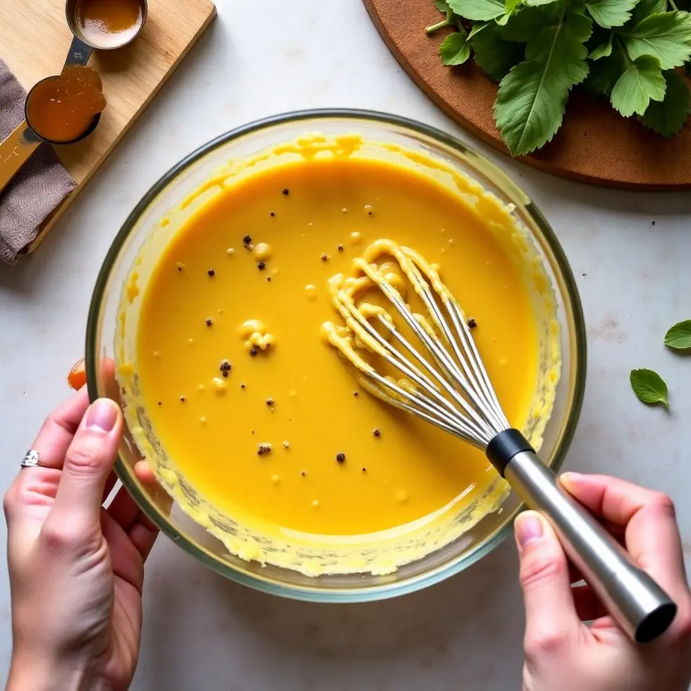 Whisking pale yellow honey mustard mixture in a glass bowl with measuring spoons nearby