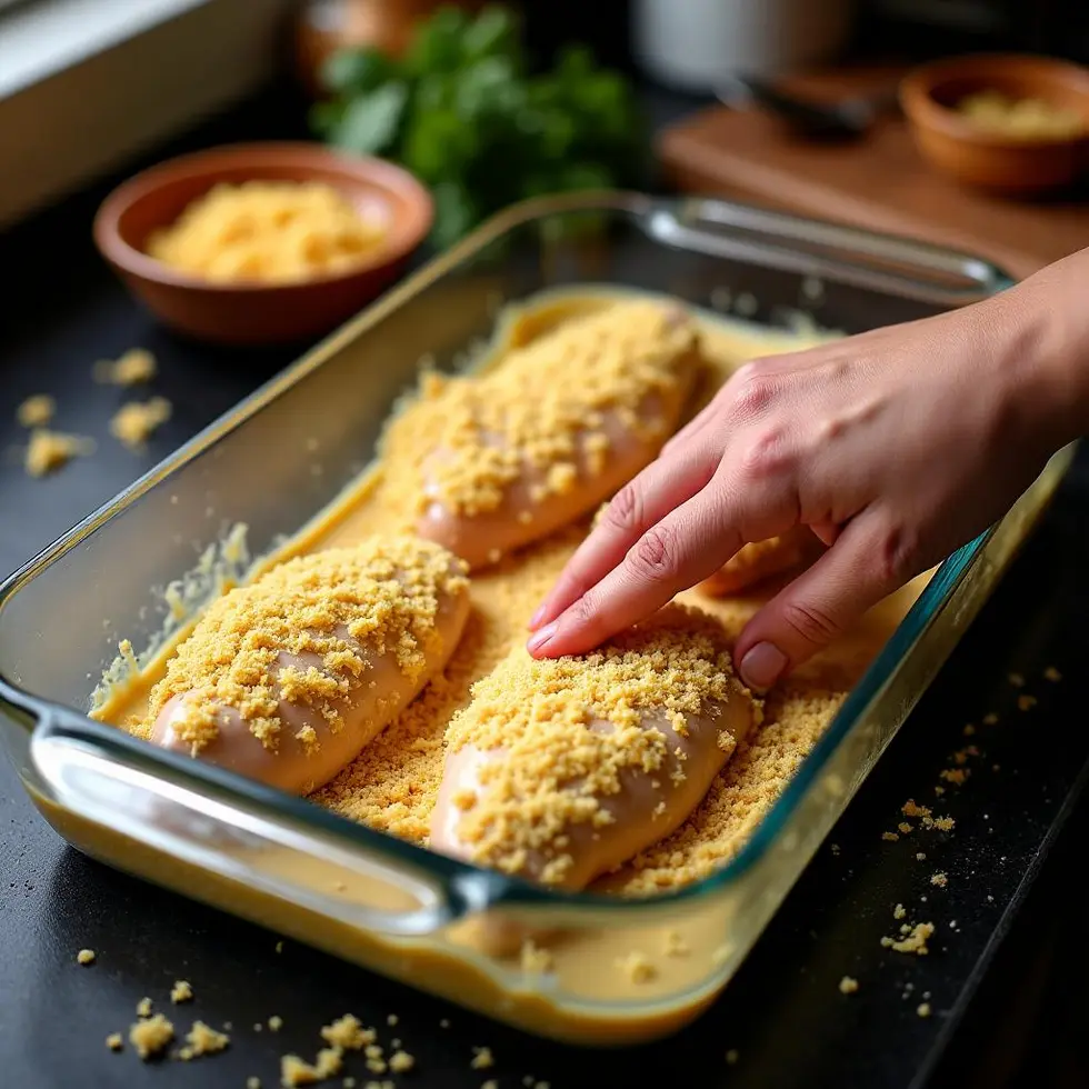 Pressing Parmesan breadcrumb mixture onto ranch-coated chicken in a baking dish