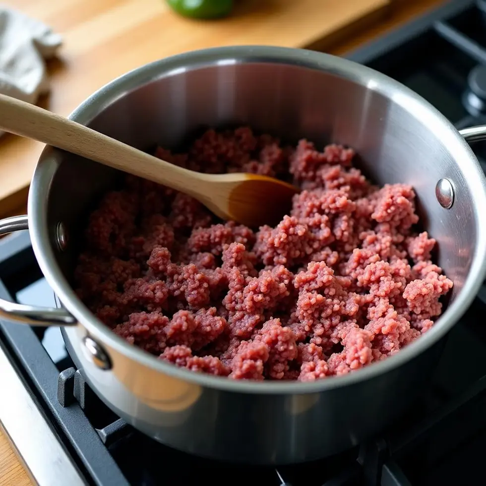 Ground beef browning in a pot with wooden spoon, breaking into crumbles