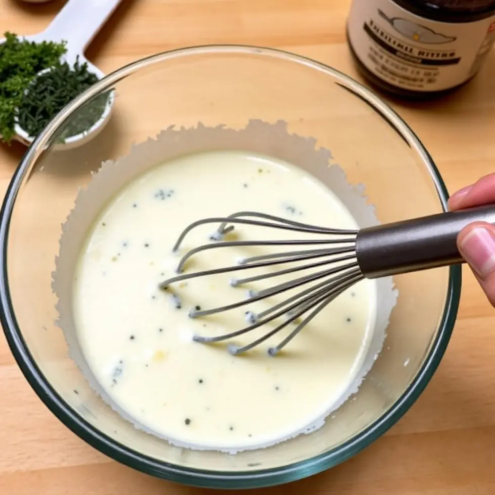 Whisking pale ivory ranch dressing in glass bowl with herb flecks visible throughout the mixture
