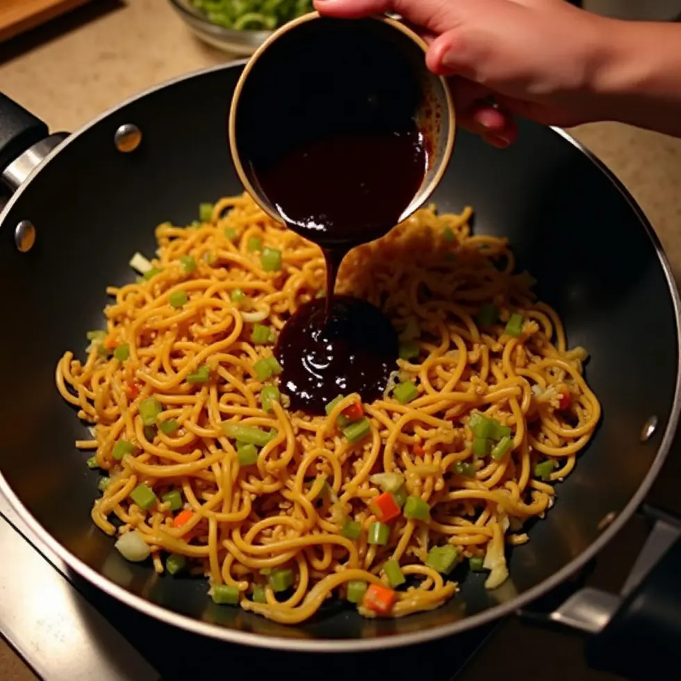 Dark sauce being poured over stir-fried noodles and vegetables in a wok