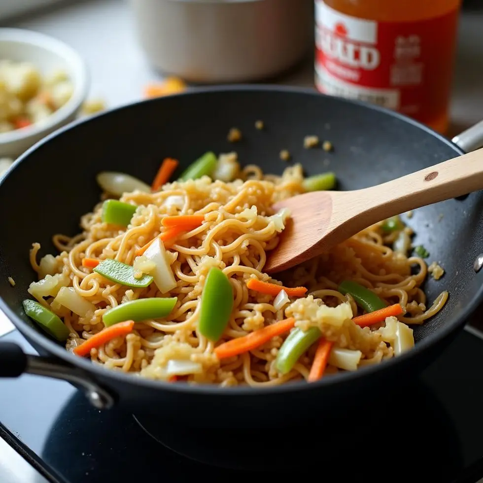 Chow mein with tender noodles, cabbage, celery and onion in a white bowl