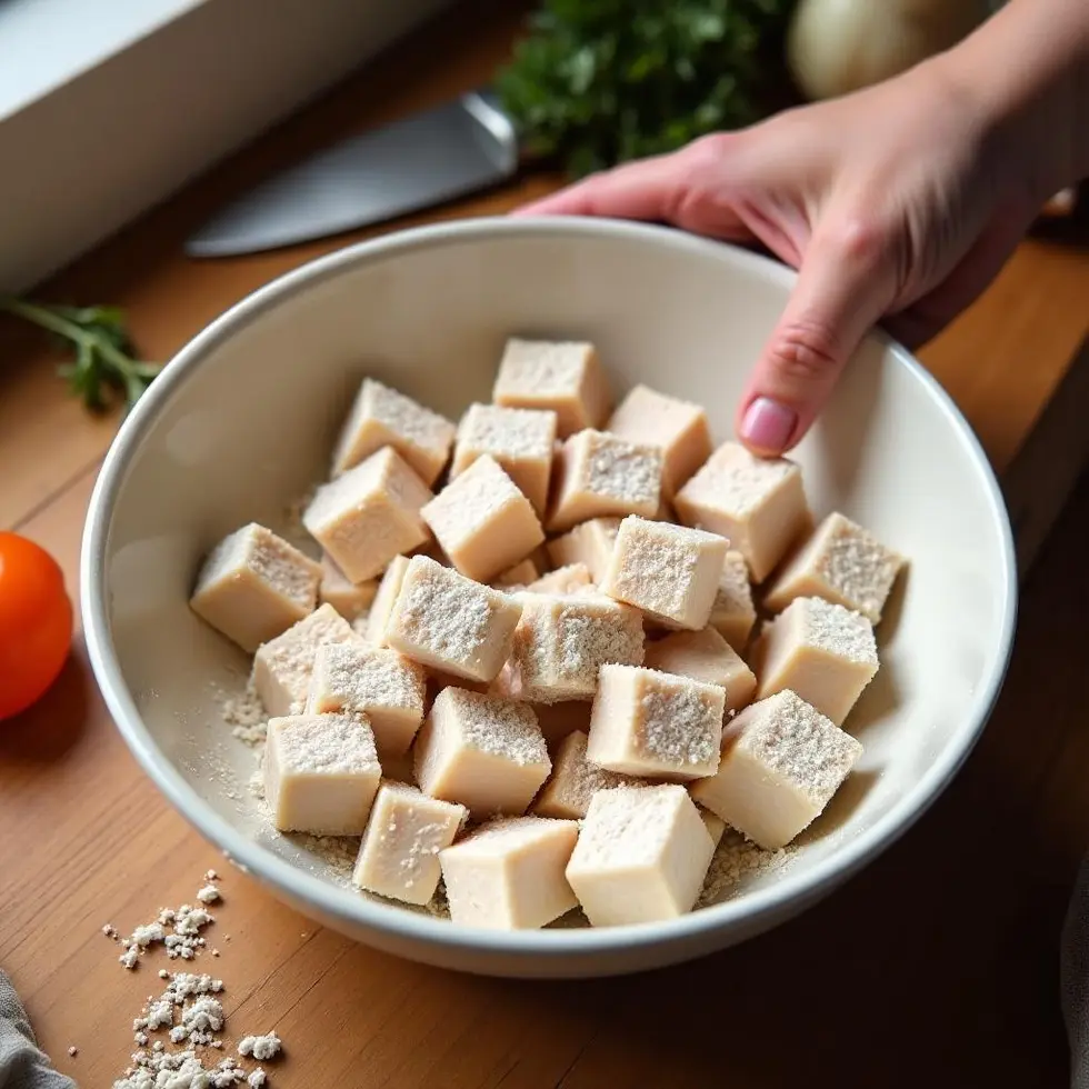 Chicken cubes being tossed in cornstarch in a mixing bowl on a kitchen counter