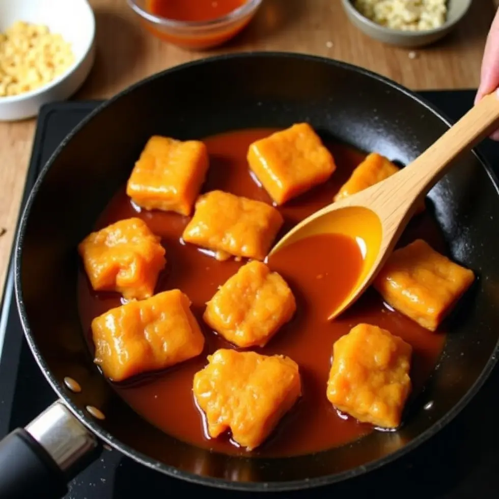 Tossing golden chicken cubes with orange sauce in a skillet during cooking