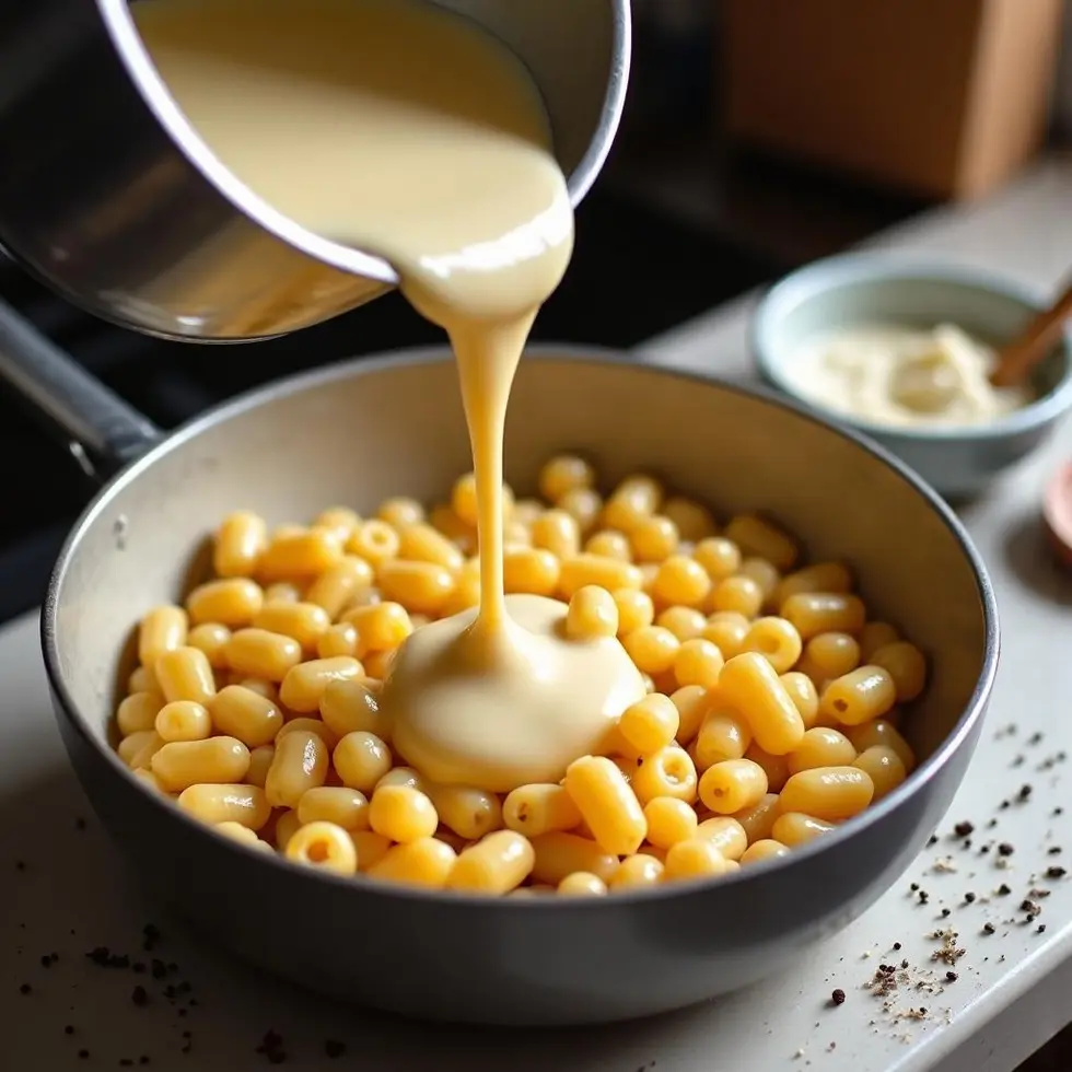 Pouring white cheddar sauce over cooked macaroni in a mixing bowl during preparation