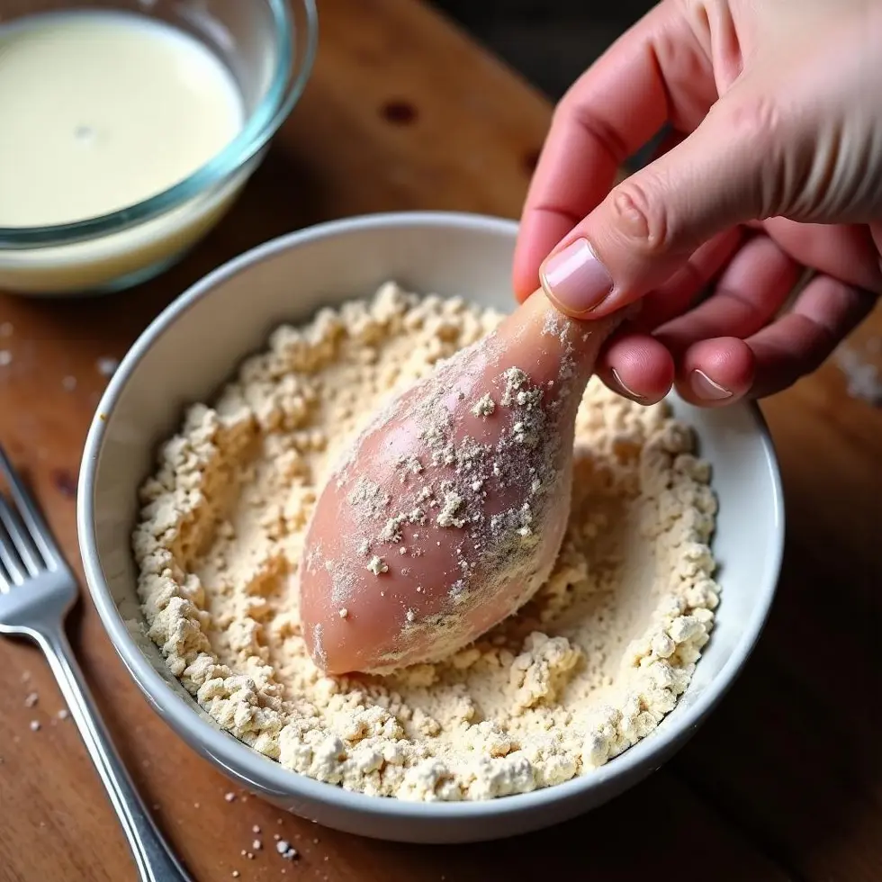 Chicken drumstick being coated in seasoned flour mixture during double-dredging