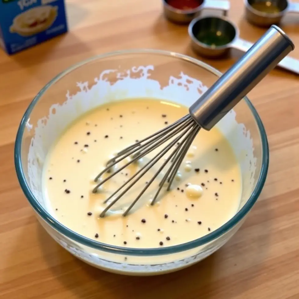 Whisking together mayonnaise, buttermilk, and spices in a glass bowl for blackened ranch