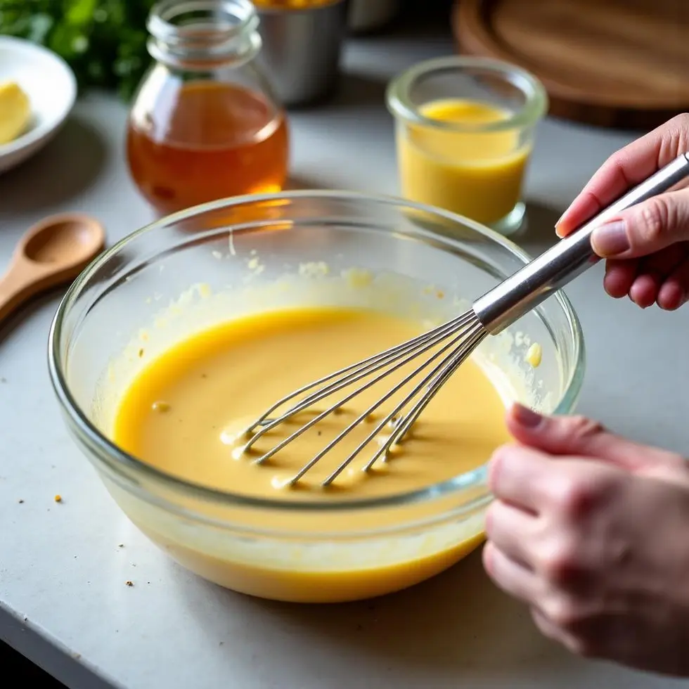 Whisking pale yellow honey mustard ingredients in glass bowl on kitchen counter