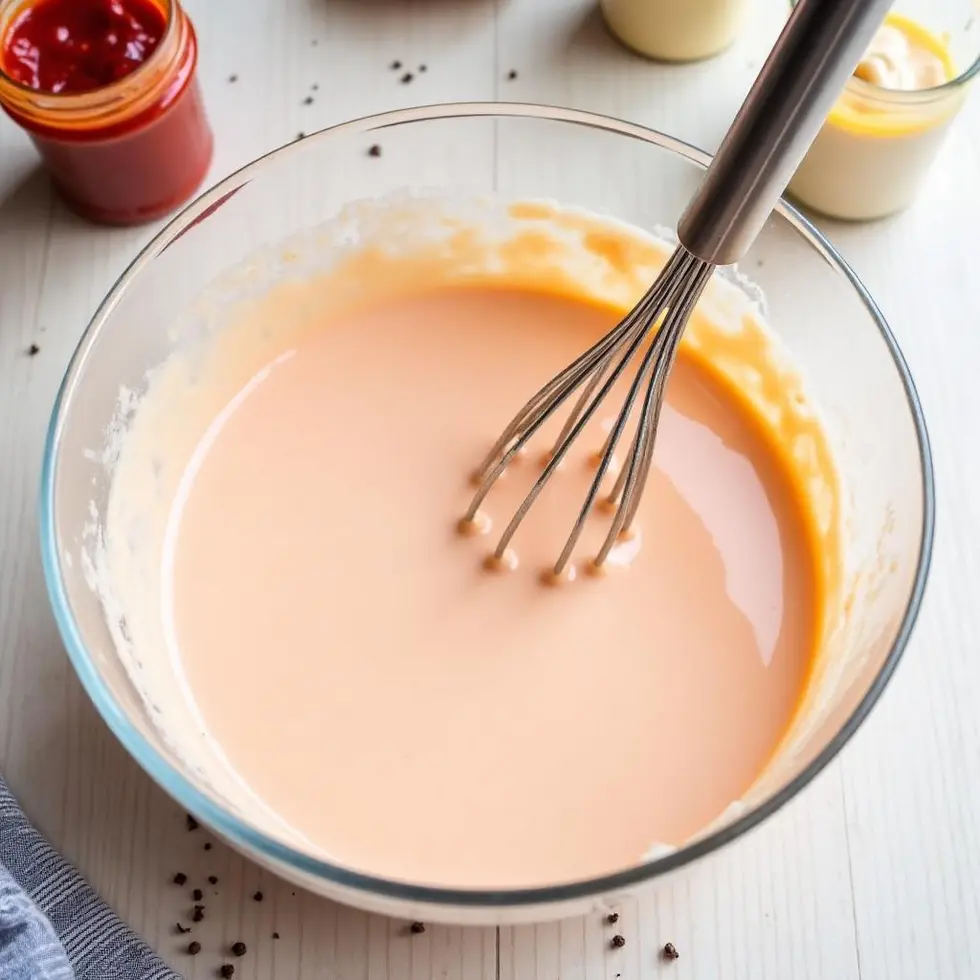 Mixing pale pink sauce in glass bowl with whisk, mayonnaise jar visible on kitchen counter