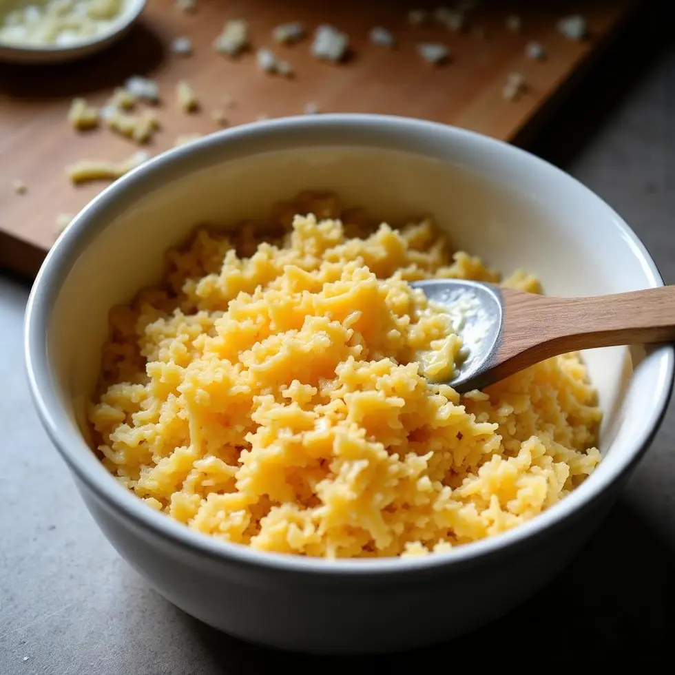 Mixing shredded hashbrowns with creamy sauce and cheese in a large bowl