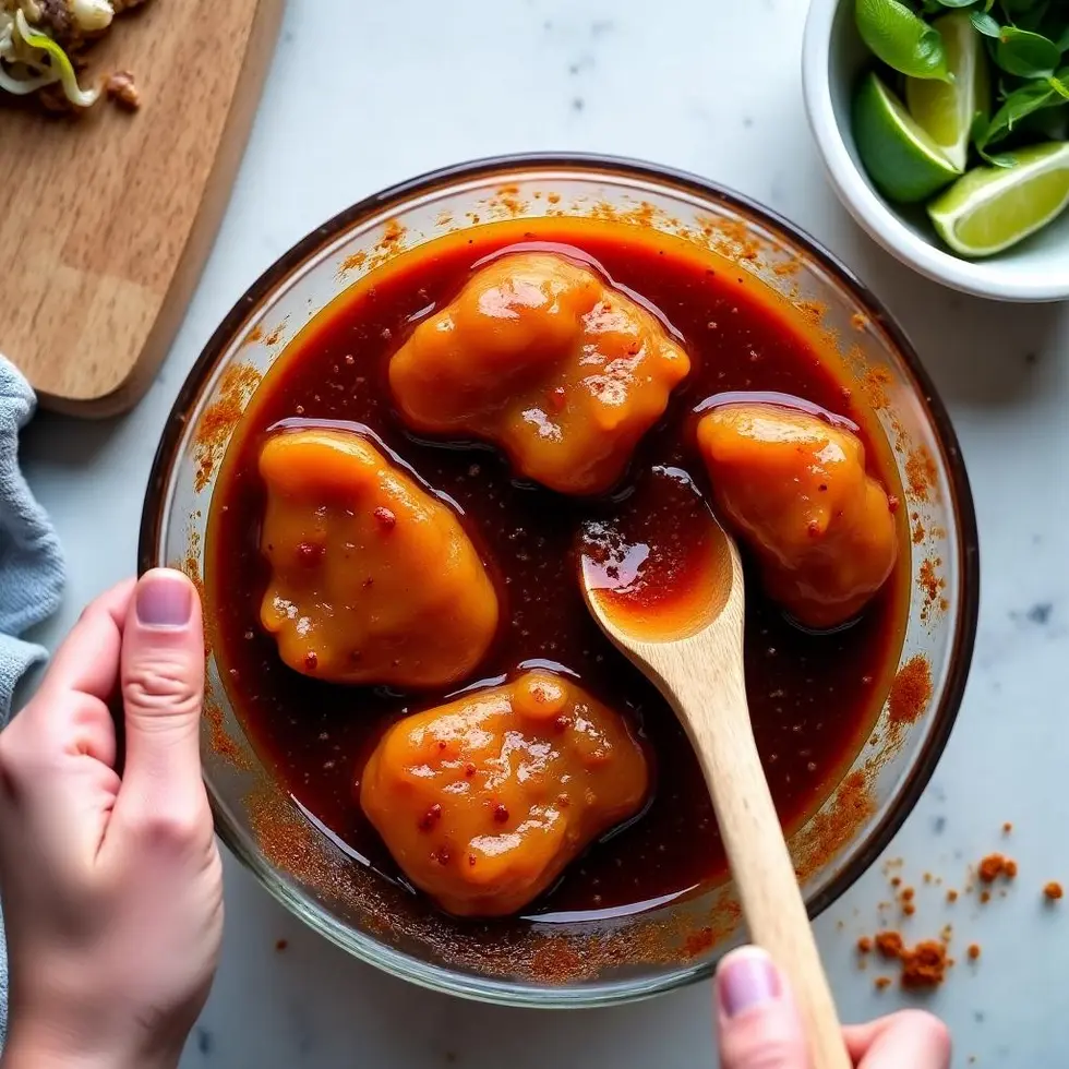 Raw chicken thighs being tossed with dark reddish-brown chipotle marinade in a glass bowl