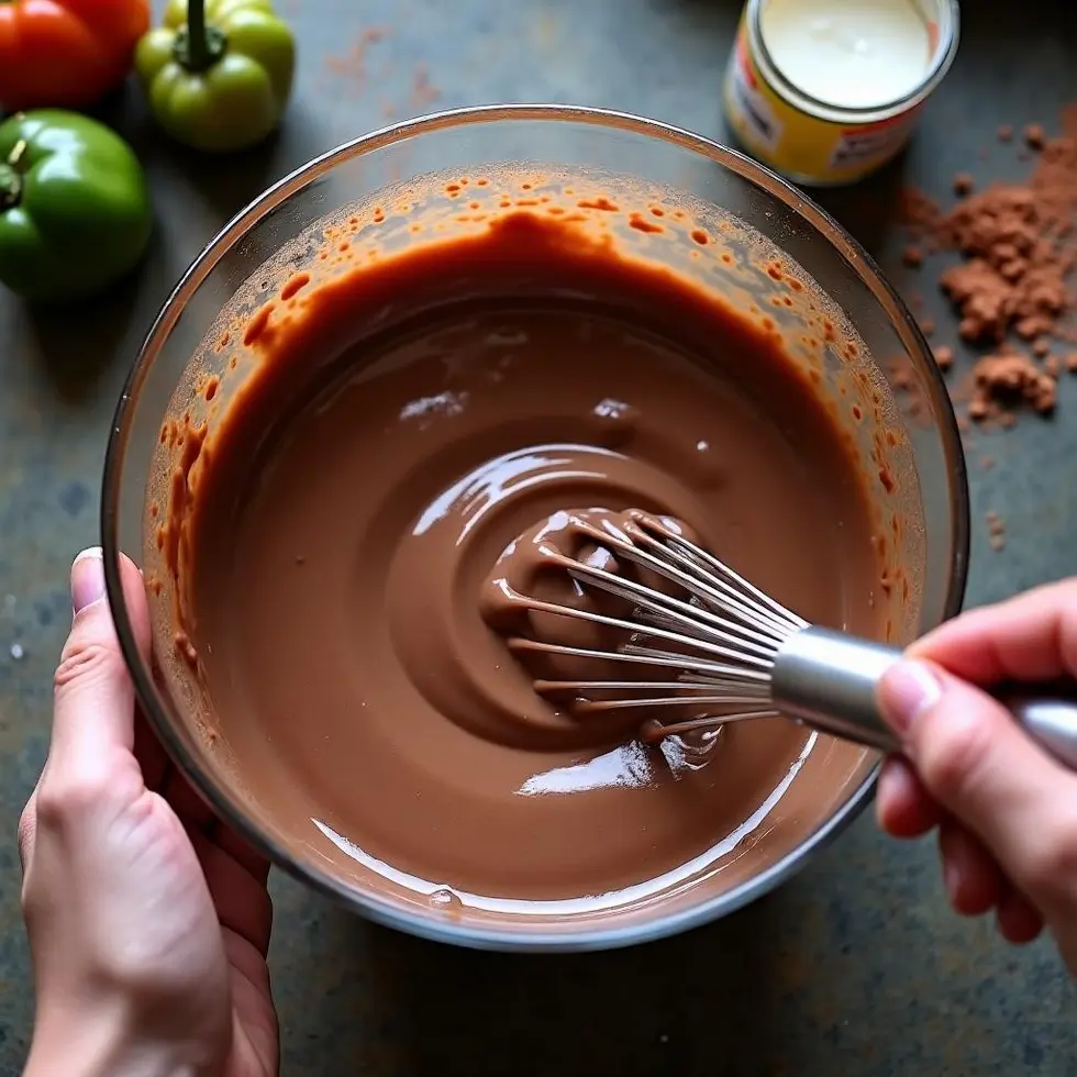 Whisking chocolate mixture in a glass bowl with cocoa powder on the counter