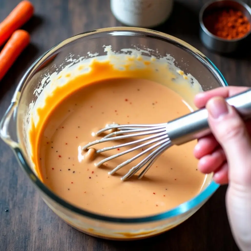 Whisking pale pink chipotle sauce in a glass bowl with adobo jar and spices on the counter