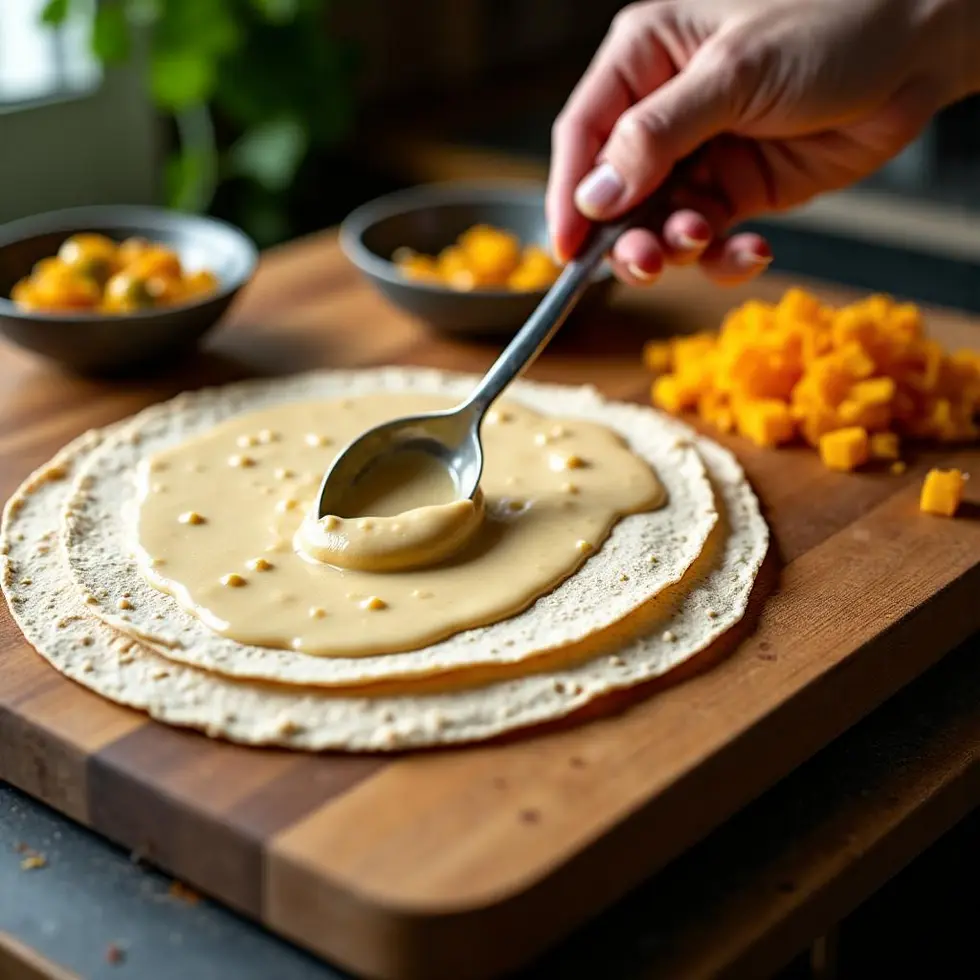 Spreading jalapeño sauce on a flour tortilla with diced chicken and shredded cheese nearby on a cutting board