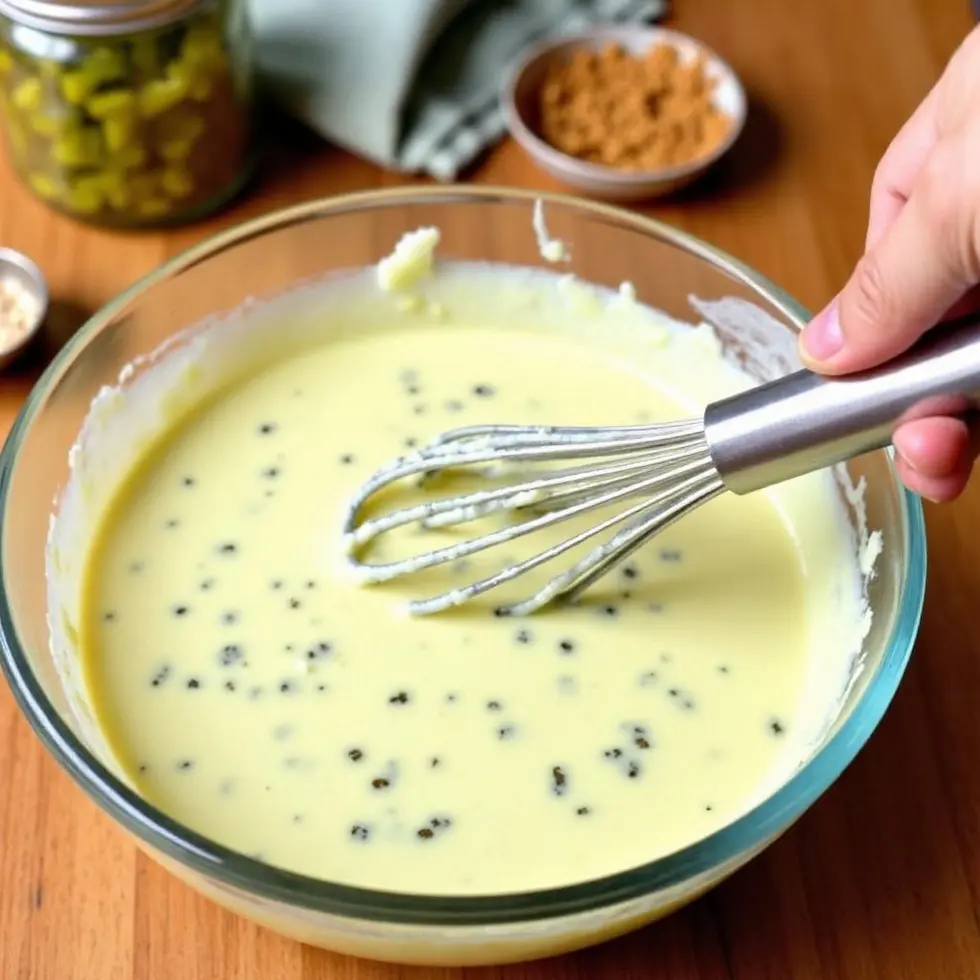 Whisking together mayo, sour cream, and minced jalapenos in a glass bowl