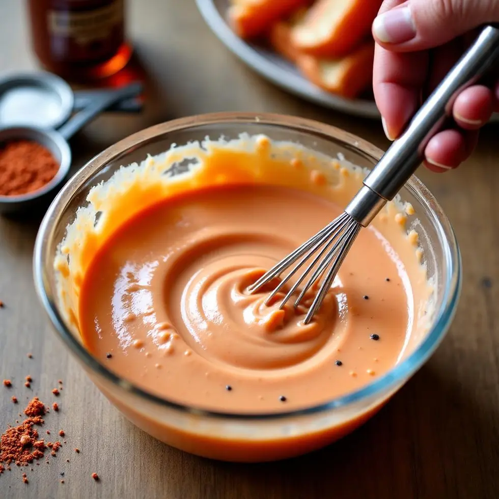 Whisking together mayonnaise and ketchup mixture in glass bowl with black pepper flecks