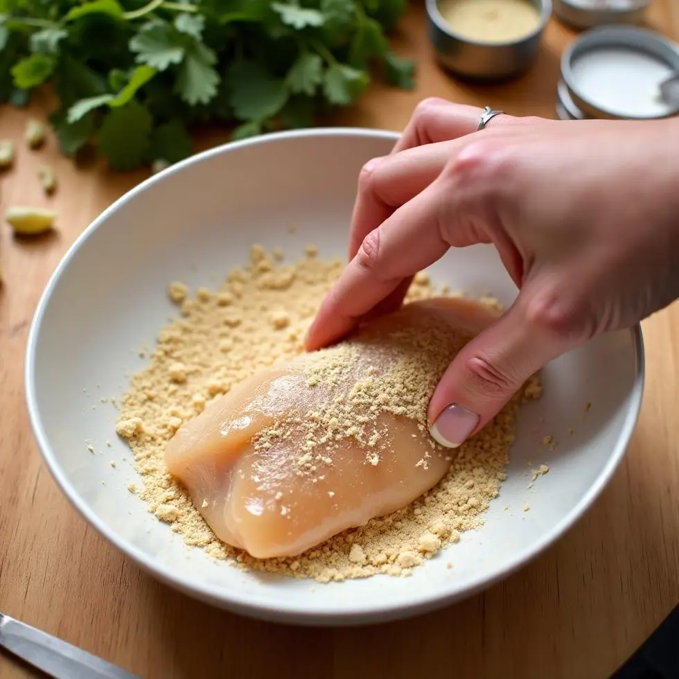 Coating raw chicken breast in cornstarch mixture in a home kitchen