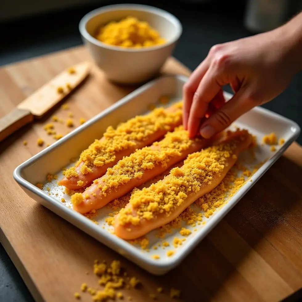 Chicken strips being pressed into panko breadcrumbs on a wooden cutting board