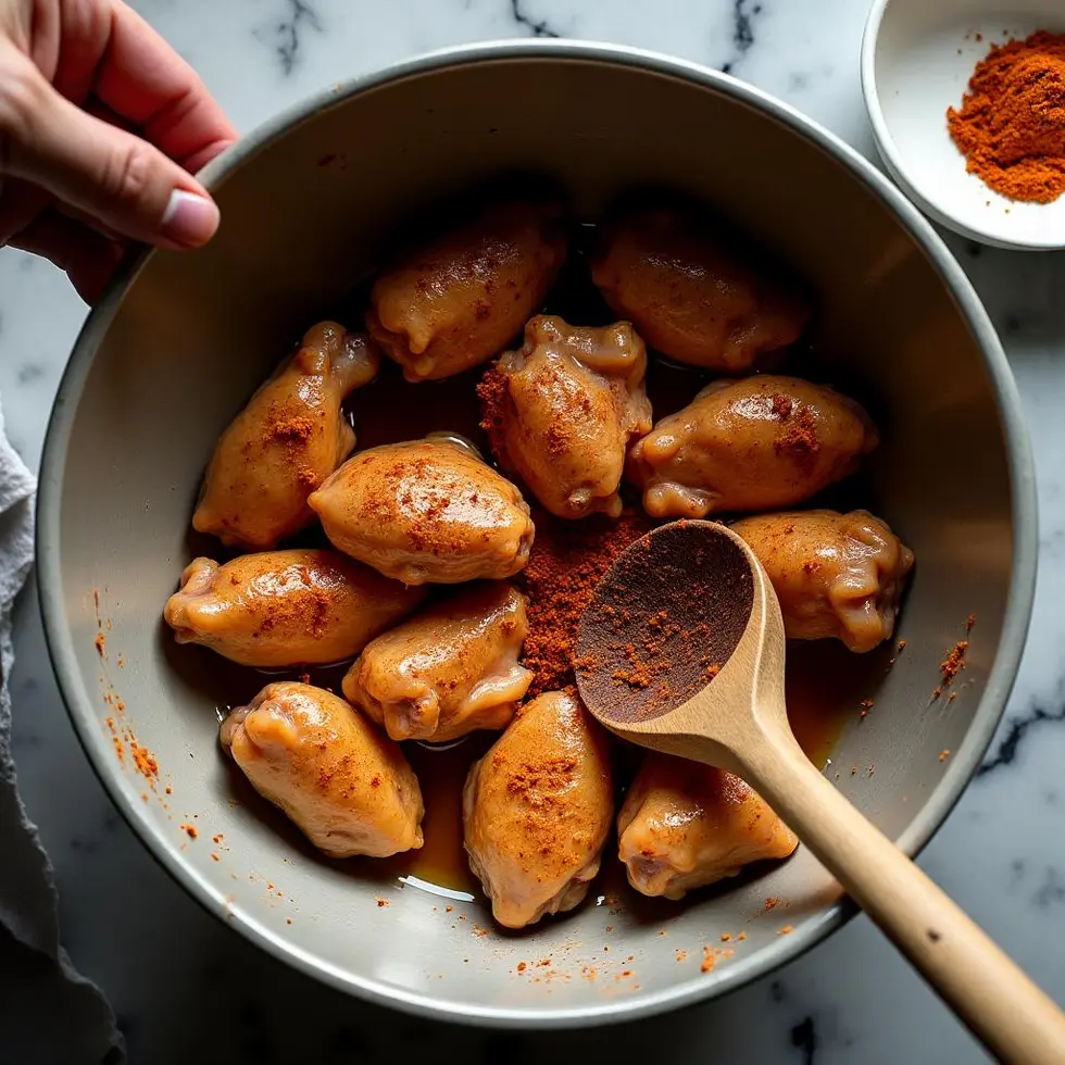 Raw wings being tossed in a bowl with oil and spice rub coating the pieces