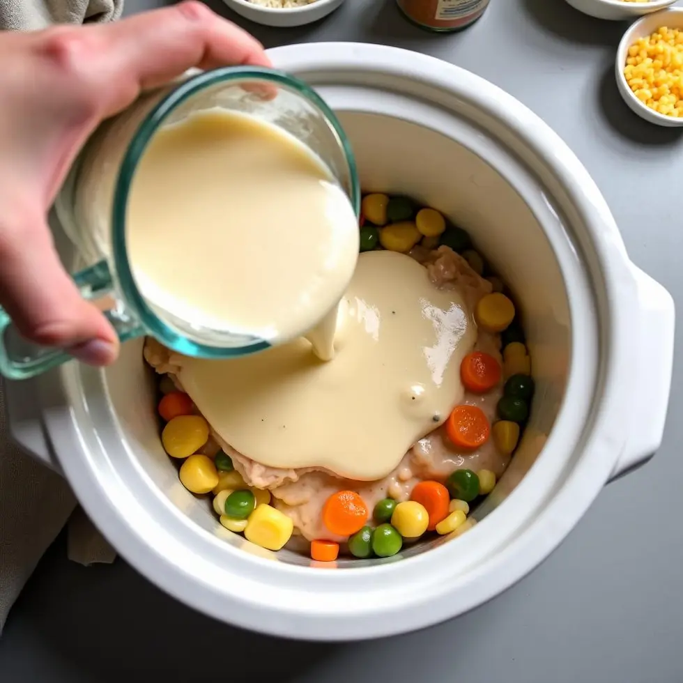Pouring cream sauce over chicken breasts and vegetables in a crock pot insert