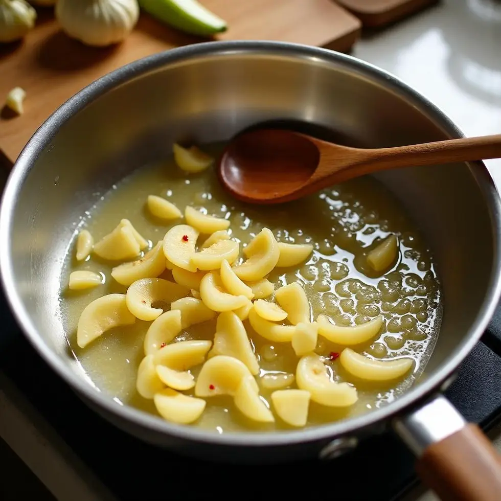Thin sliced garlic cooking in melted butter in a skillet with red pepper flakes