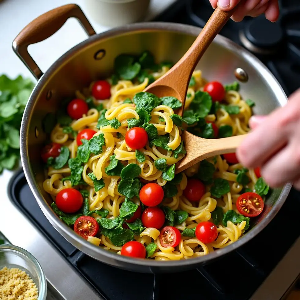Tossing angel hair pasta with cherry tomatoes and spinach in a skillet, sauce coating the strands