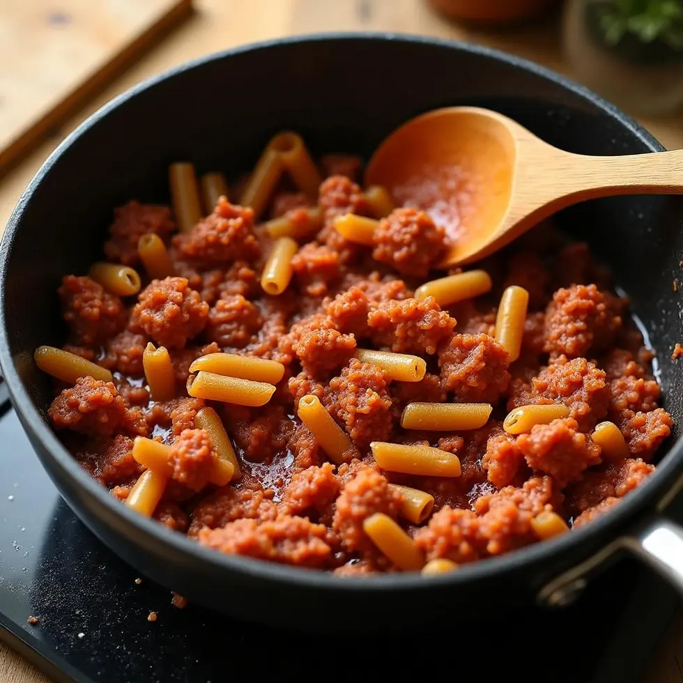 Ground beef browning in skillet with tomato sauce being added