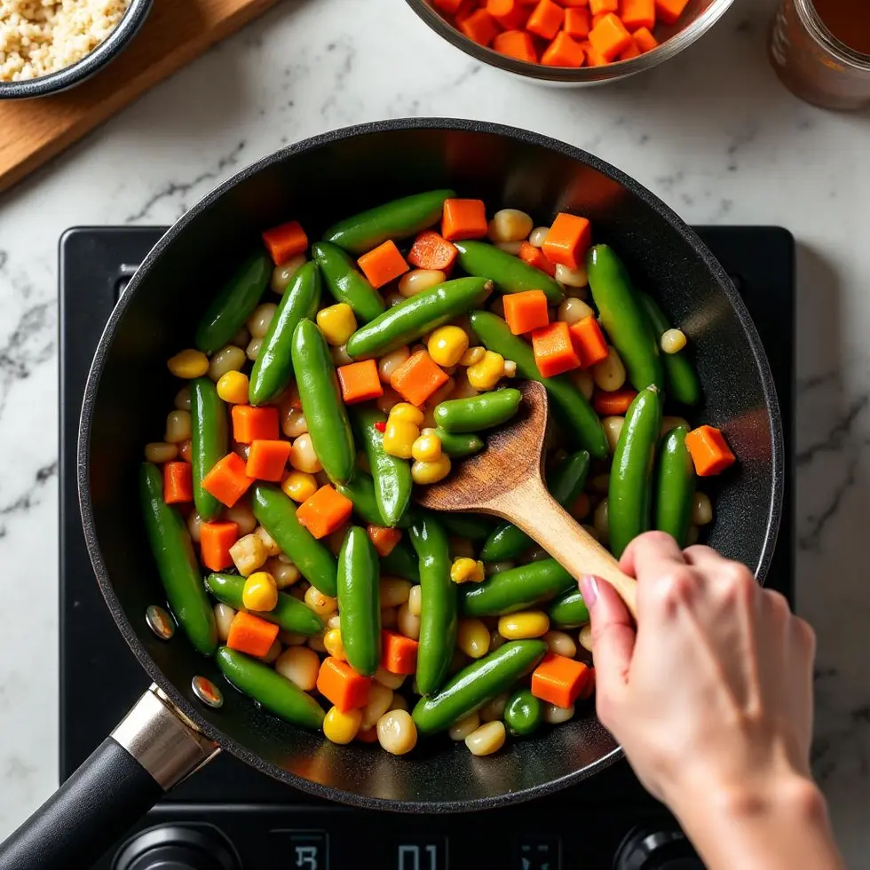 Frozen vegetables being stirred in a hot skillet with olive oil during preparation