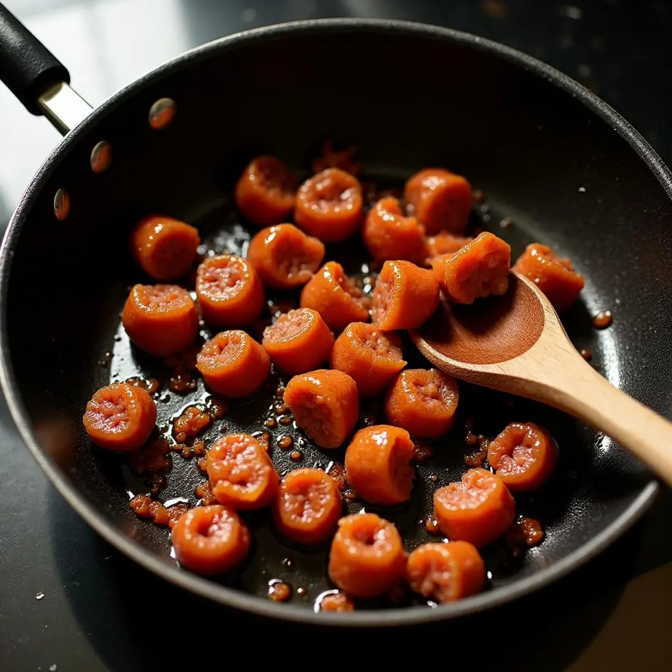 Browned Italian sausage crumbles cooking in a skillet, broken into pieces and golden at the edges