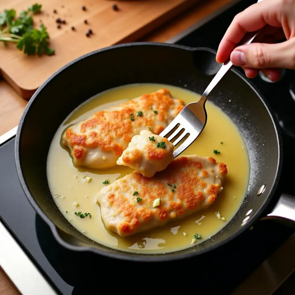 Hand returning browned chicken to skillet with melted butter and minced garlic