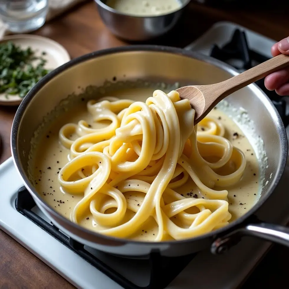 Fettuccine being tossed in a skillet with creamy sauce on the stovetop