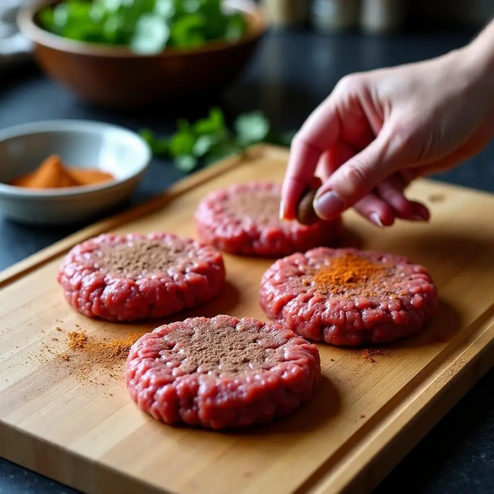 Seasoning ground beef patties with garlic powder and smoked paprika on a cutting board
