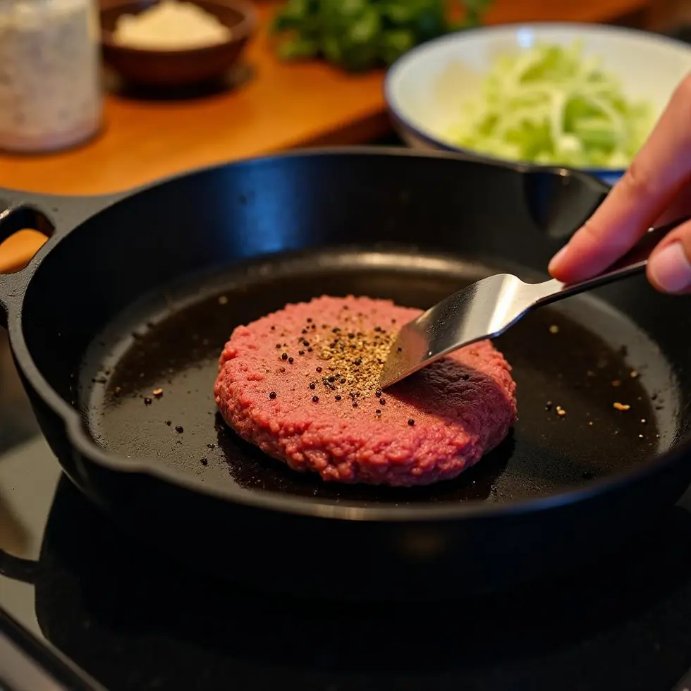 Seasoned beef patty cooking in a cast iron skillet with golden brown crust forming