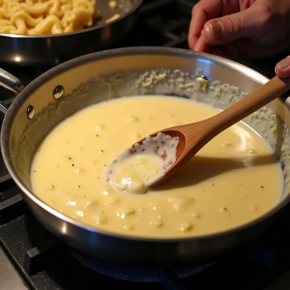 Whisking creamy alfredo sauce in a skillet with melted butter and garlic, ivory sauce beginning to thicken