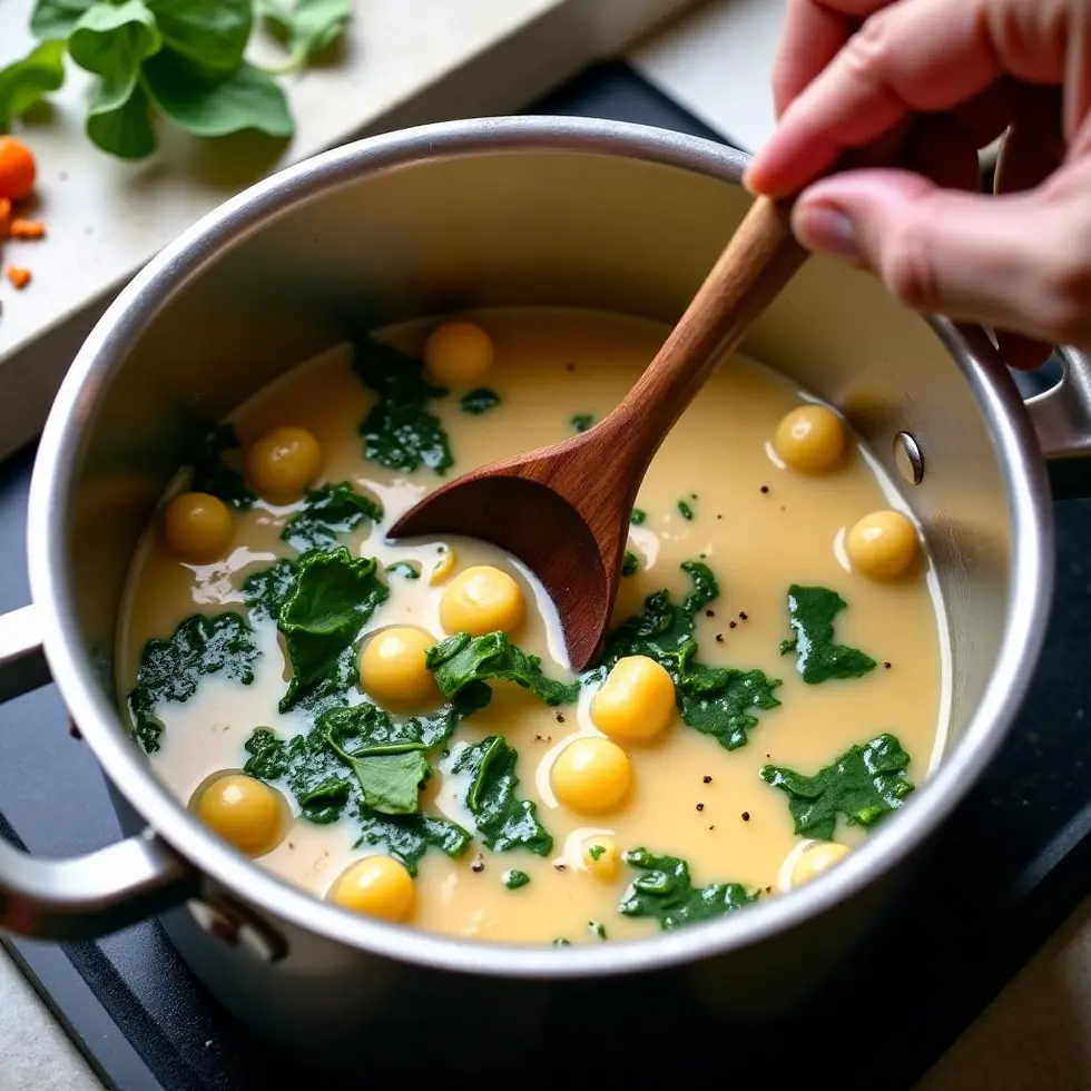 Stirring fresh spinach into creamy broth with chicken and gnocchi in a pot on the stovetop