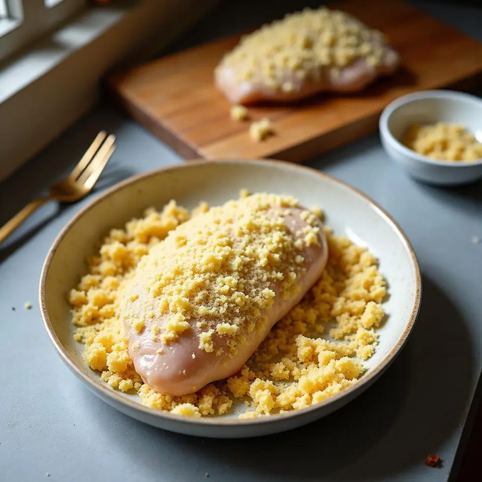 Chicken breast being pressed into parmesan breadcrumb mixture in a shallow dish