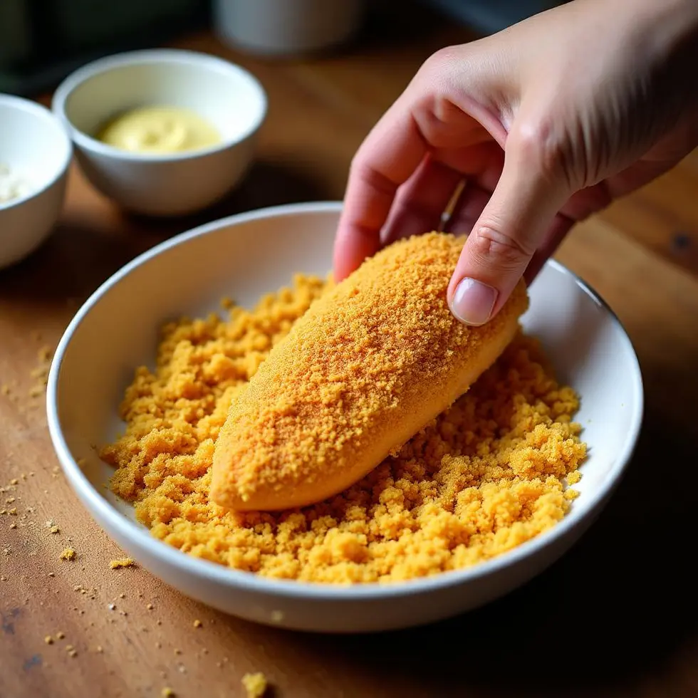 Raw chicken being coated in seasoned panko breadcrumbs over a bowl during breading