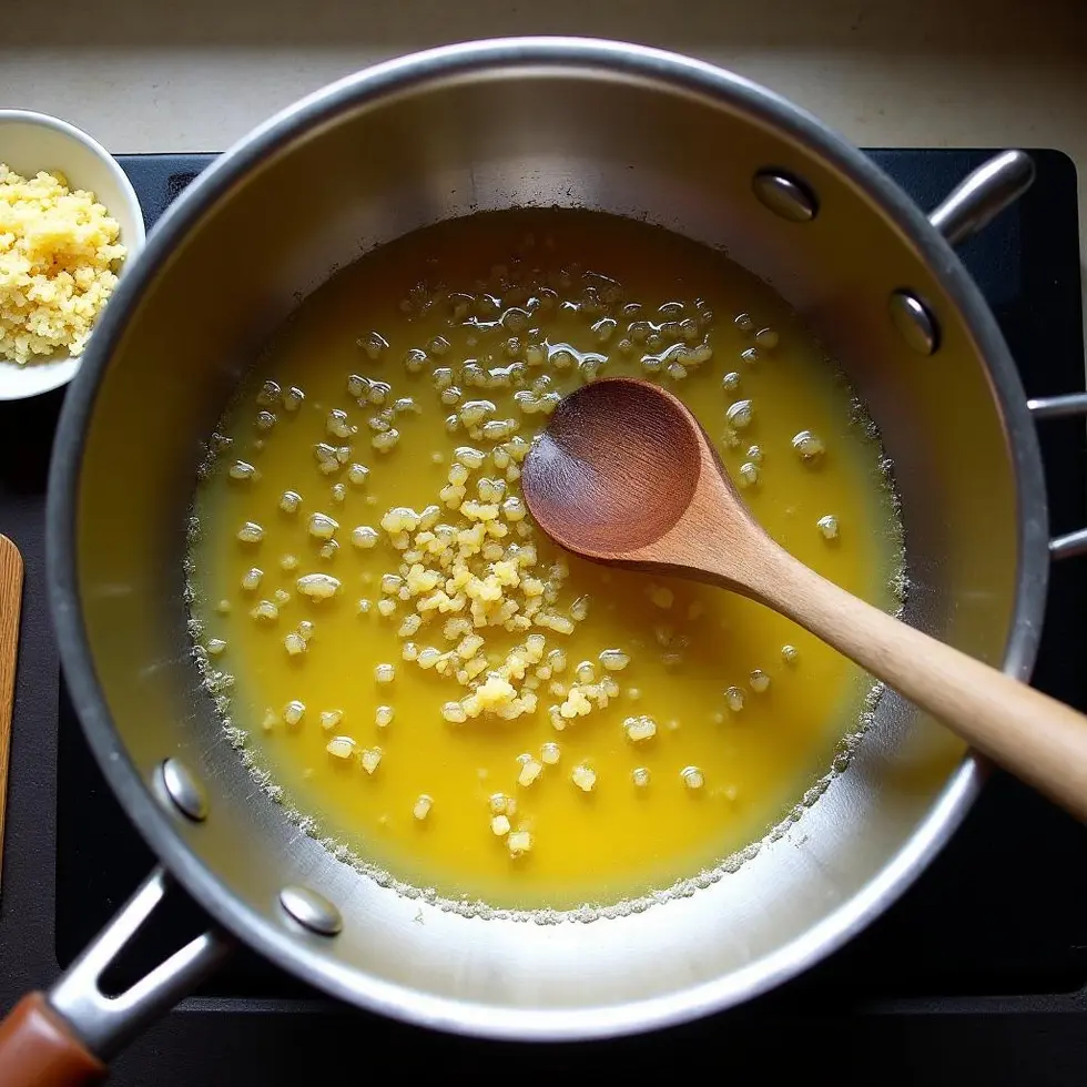 Minced garlic cooking in melted butter in a skillet