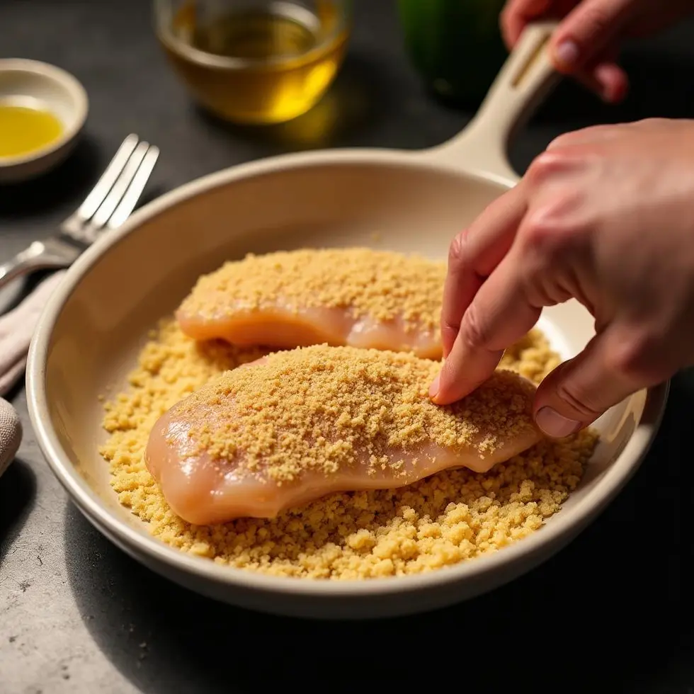 Chicken cutlet being pressed into panko breadcrumb mixture on a kitchen counter